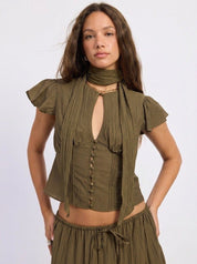 Short Sleeve Button Front Scarf Blouse