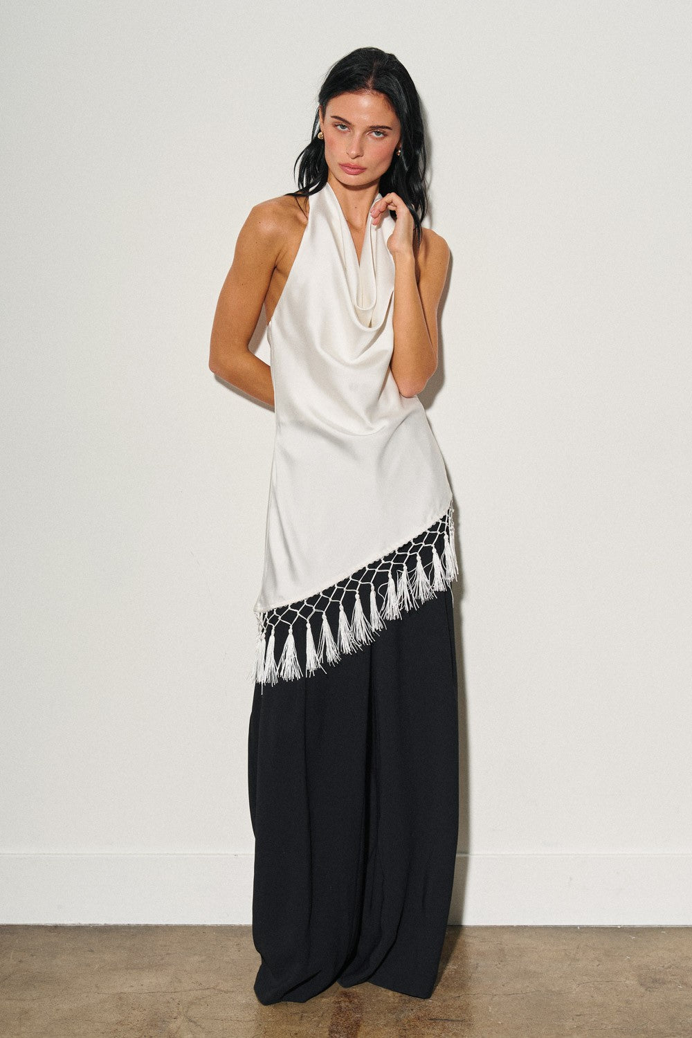 Ladies Woven Asymmerical Fringe Halter Top