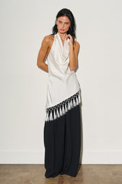 Ladies Woven Asymmerical Fringe Halter Top