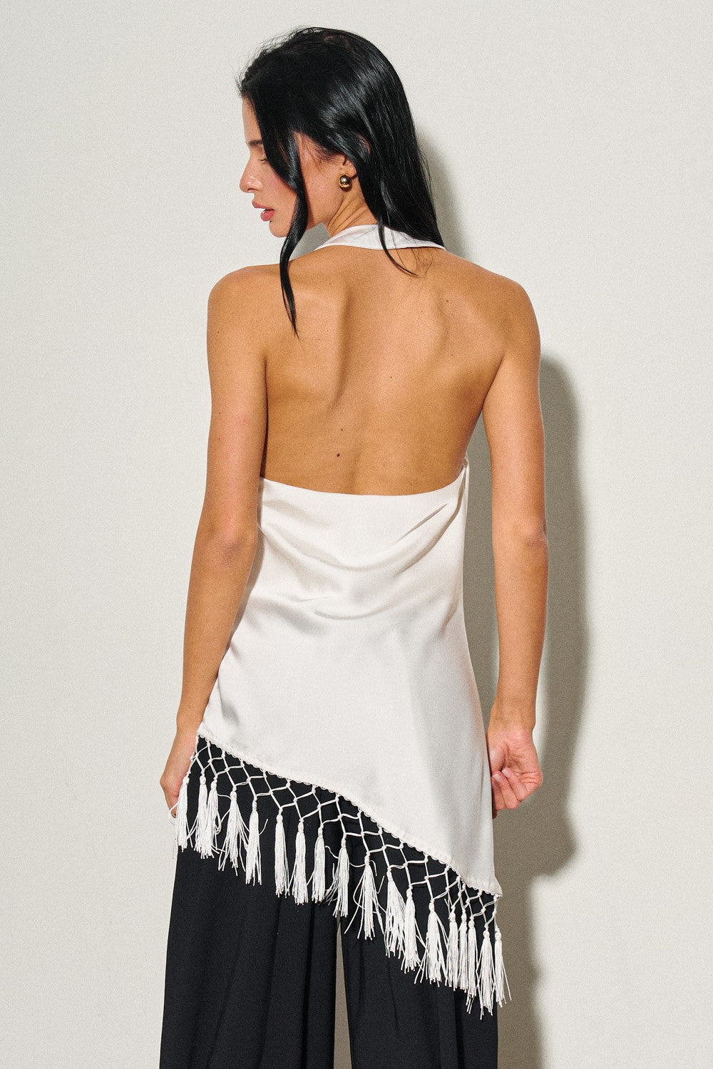 Ladies Woven Asymmerical Fringe Halter Top