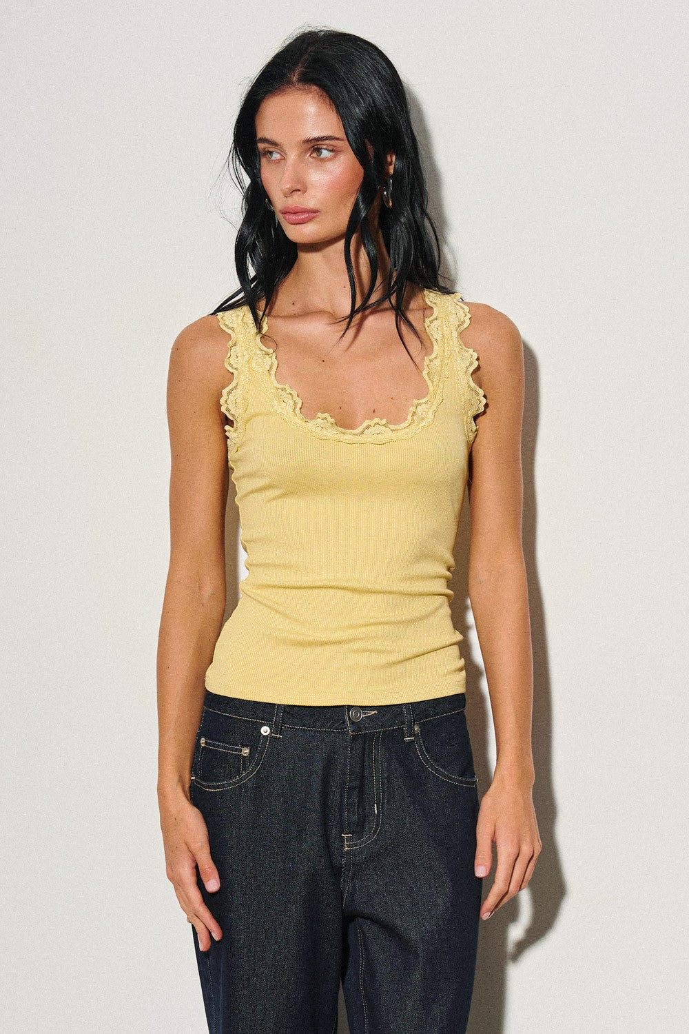 Yellow Ladies Knit Lace Trim Tank Top