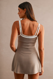 Mocha Scuba Adjustable Strap Layered Contrast Trim Romper