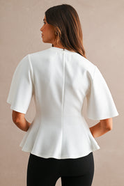 Scuba Round Neck Short Sleeve Flared Peplum Hem Top
