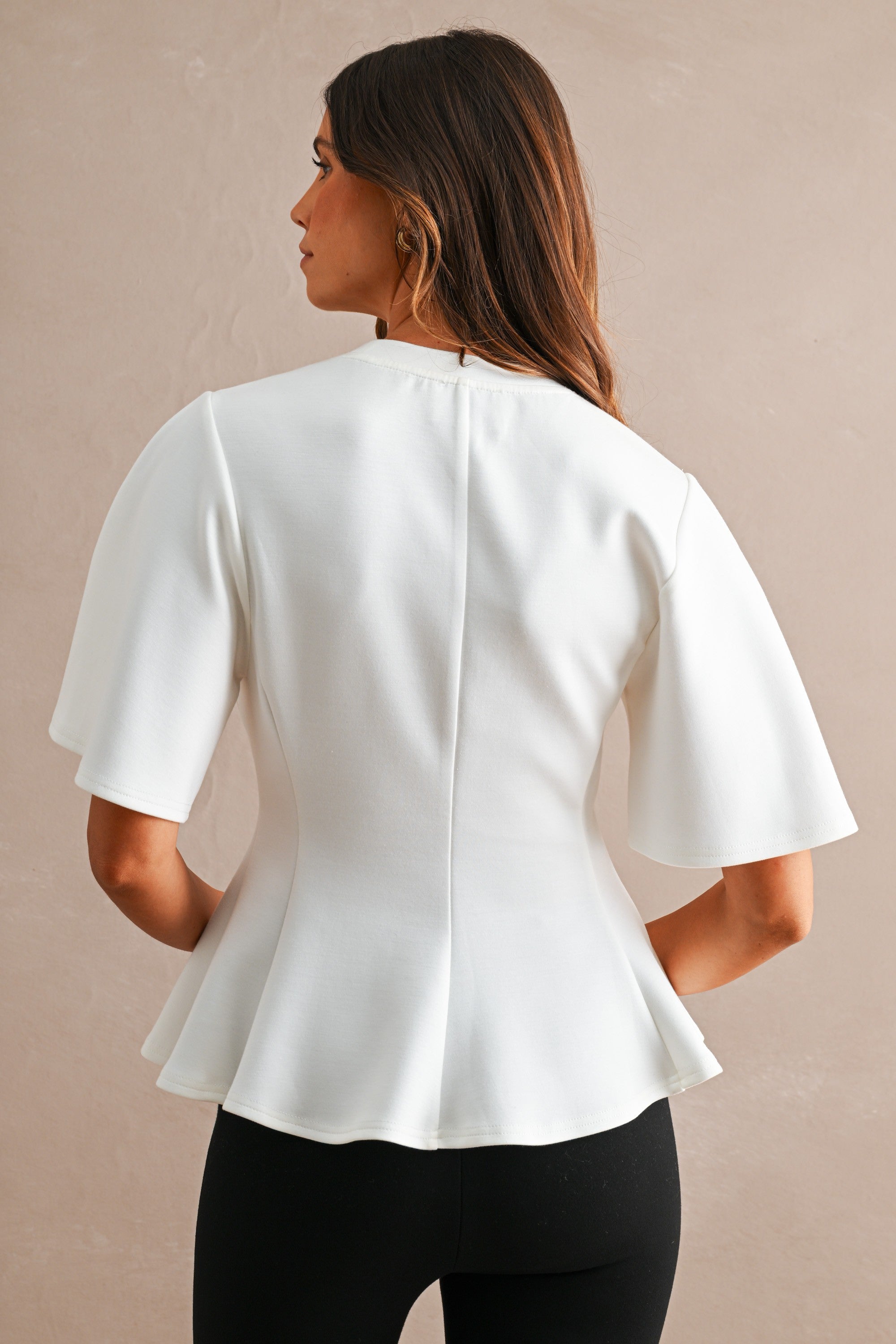 Scuba Round Neck Short Sleeve Flared Peplum Hem Top