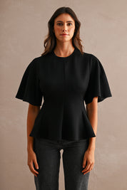 Black Scuba Round Neck Short Sleeve Flared Peplum Hem Top