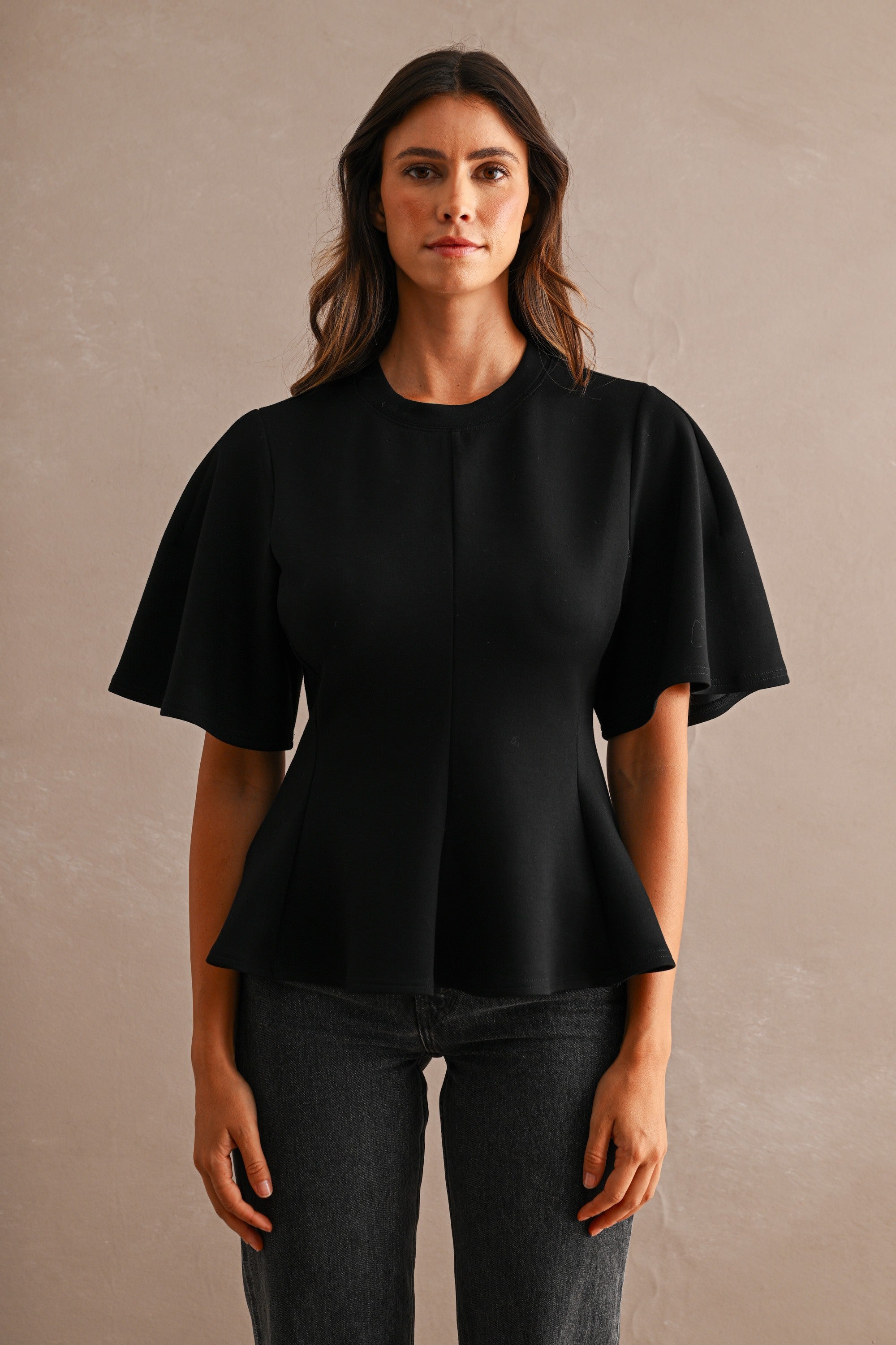 Black Scuba Round Neck Short Sleeve Flared Peplum Hem Top