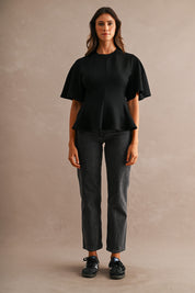 Black Scuba Round Neck Short Sleeve Flared Peplum Hem Top