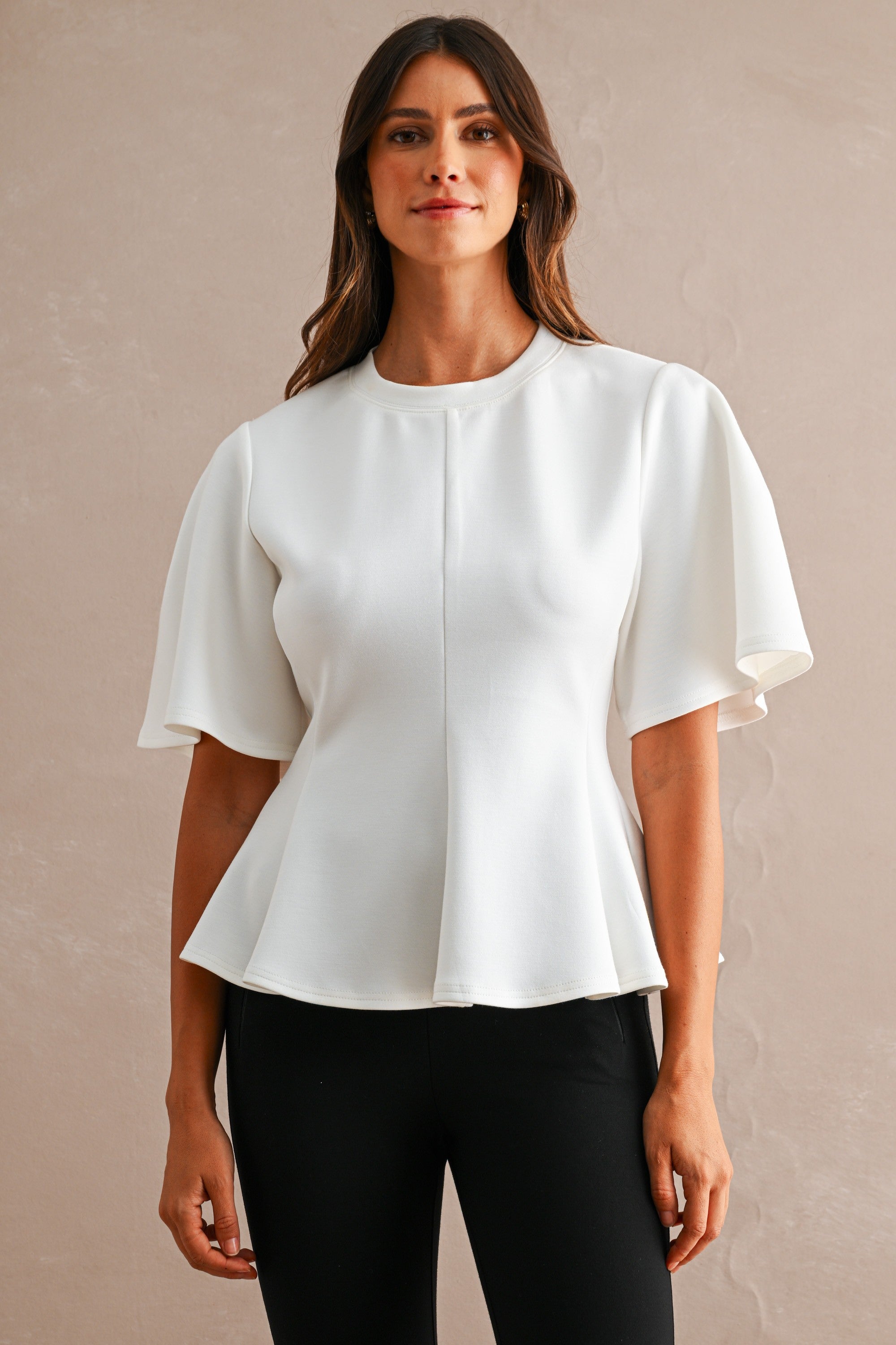Scuba Round Neck Short Sleeve Flared Peplum Hem Top