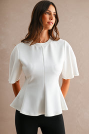 Scuba Round Neck Short Sleeve Flared Peplum Hem Top