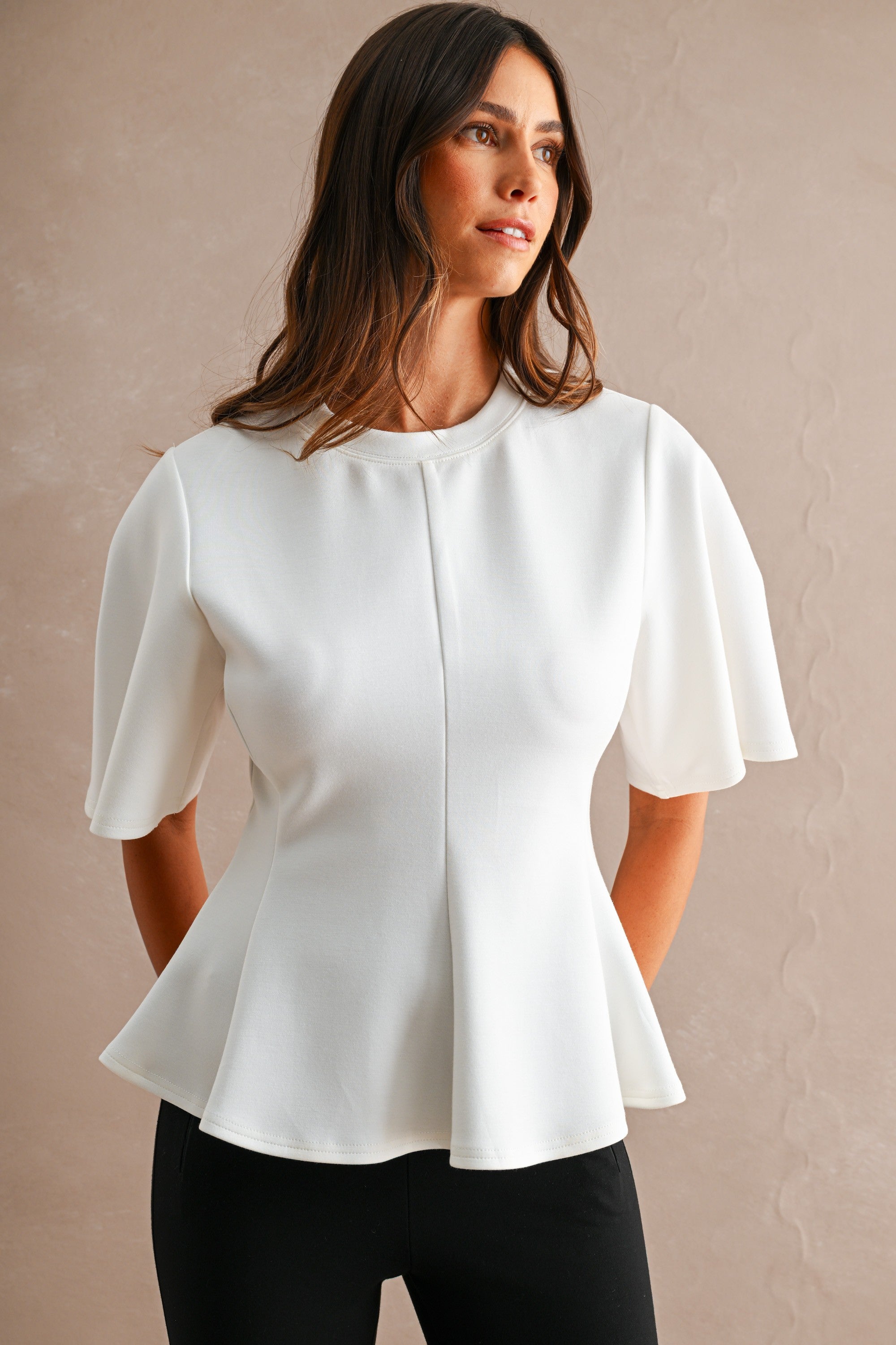 Scuba Round Neck Short Sleeve Flared Peplum Hem Top