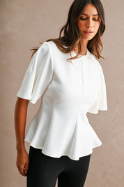 Scuba Round Neck Short Sleeve Flared Peplum Hem Top