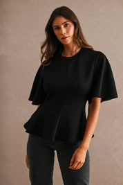 Black Scuba Round Neck Short Sleeve Flared Peplum Hem Top