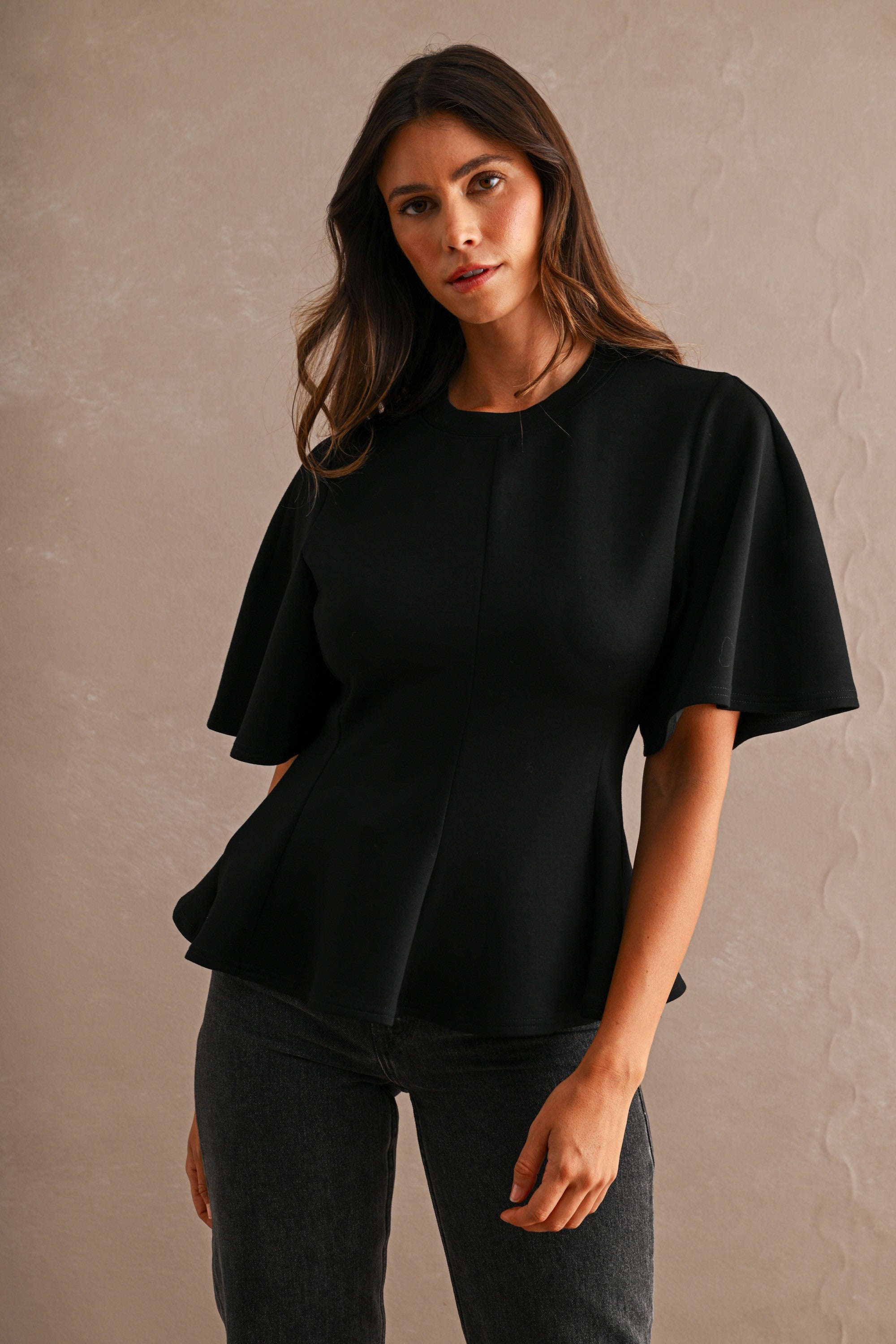 Black Scuba Round Neck Short Sleeve Flared Peplum Hem Top