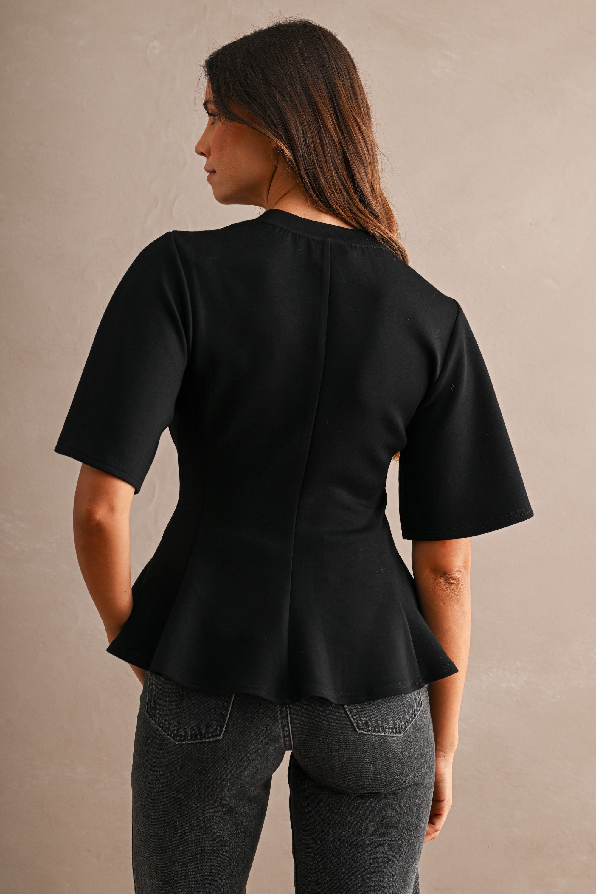 Black Scuba Round Neck Short Sleeve Flared Peplum Hem Top