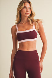 Burgundy Contrast Block Sports Bra