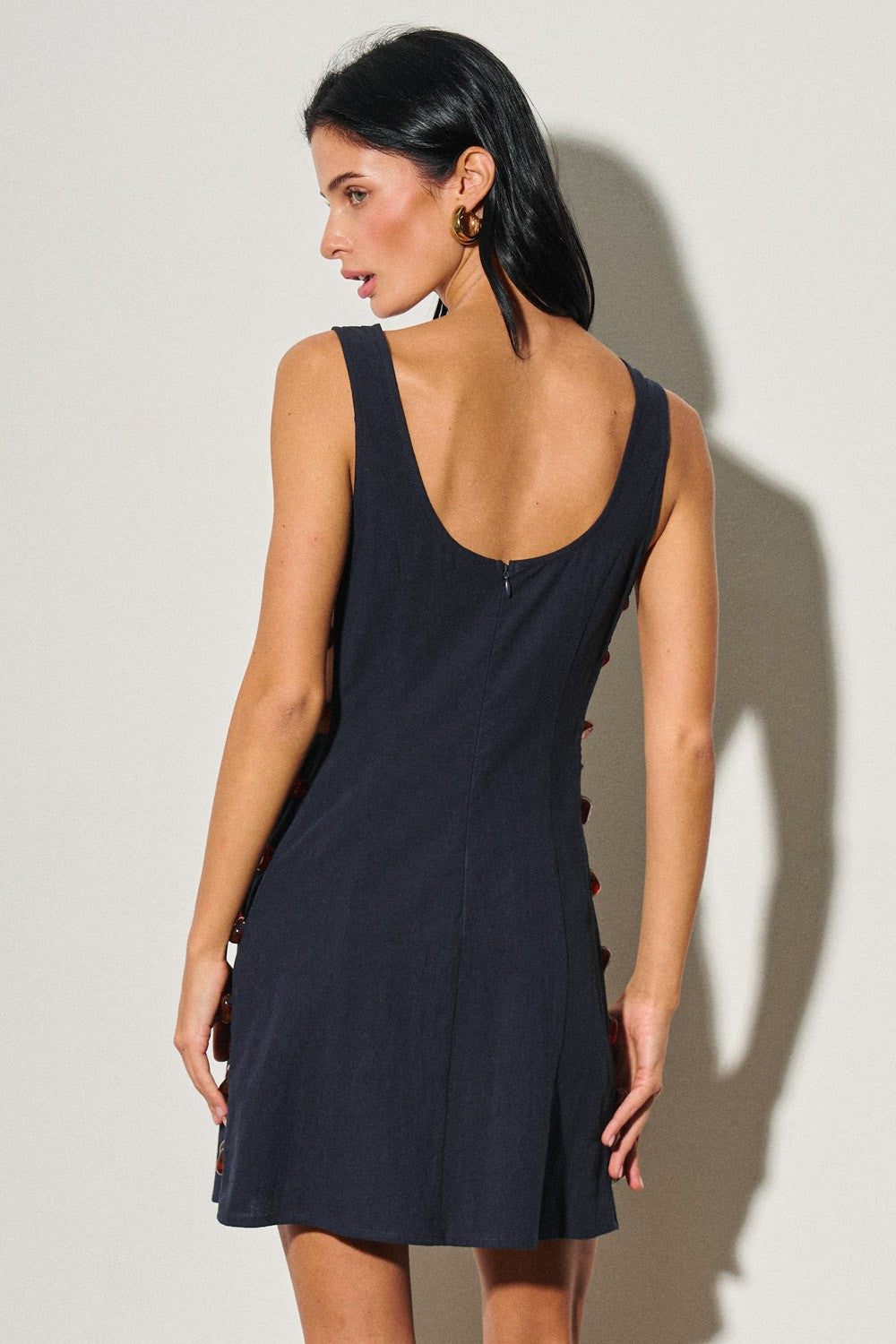 Navy Slvls Boat Neck Linen Side Bead Detail Mini Dress