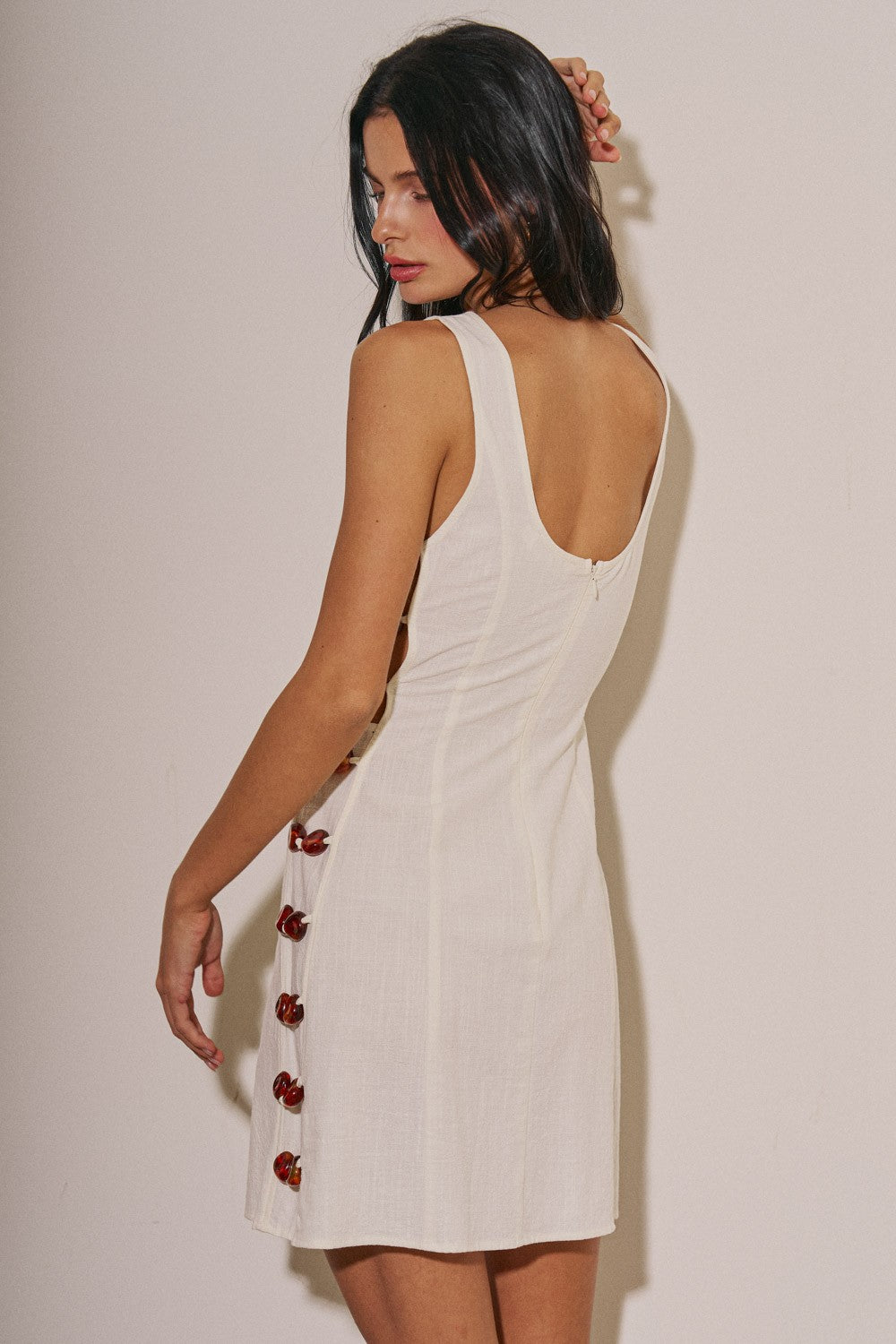Slvls Boat Neck Linen Side Bead Detail Mini Dress