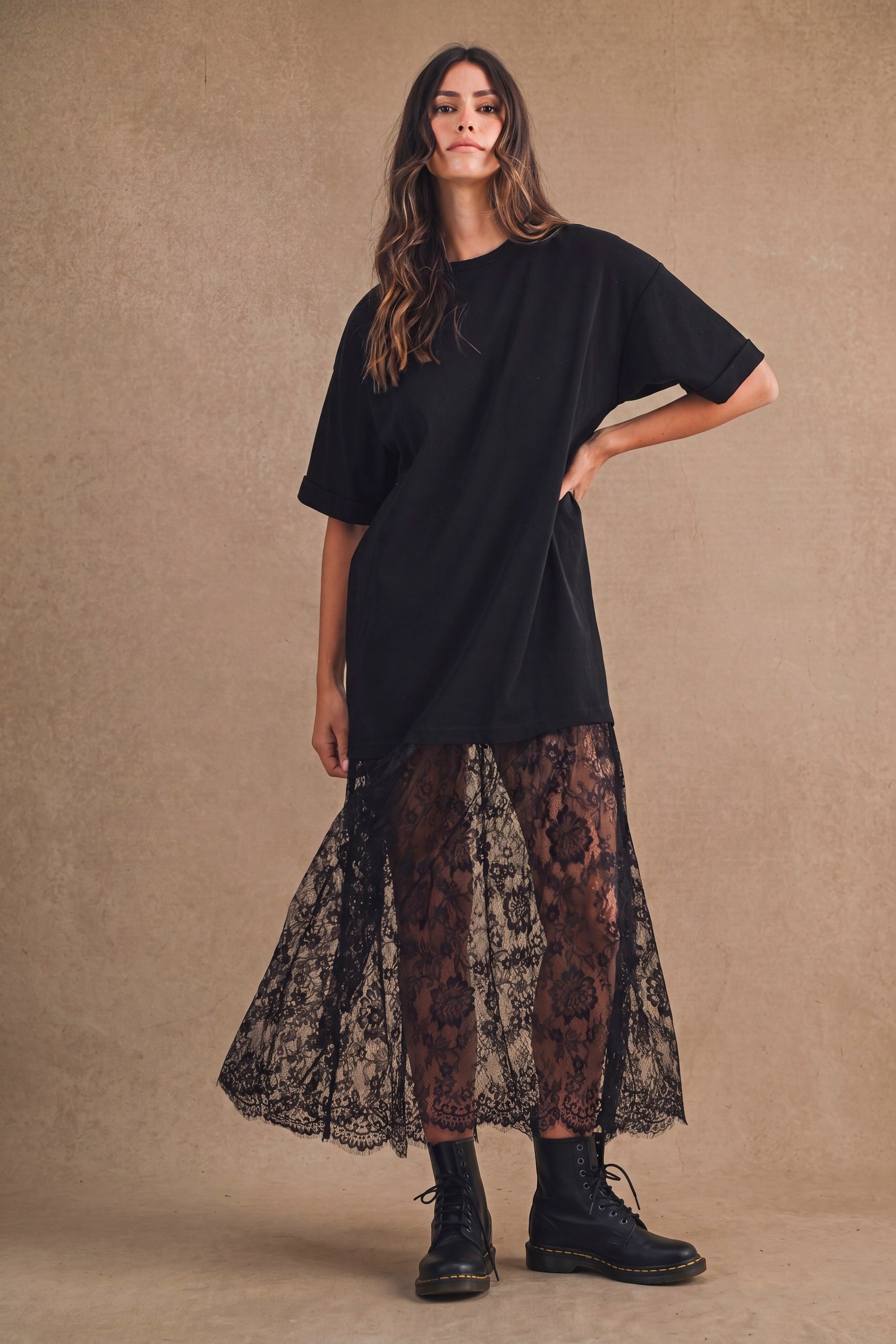 Oversized T Shirt Sheer Lace Skirt Mix Maxi Dress