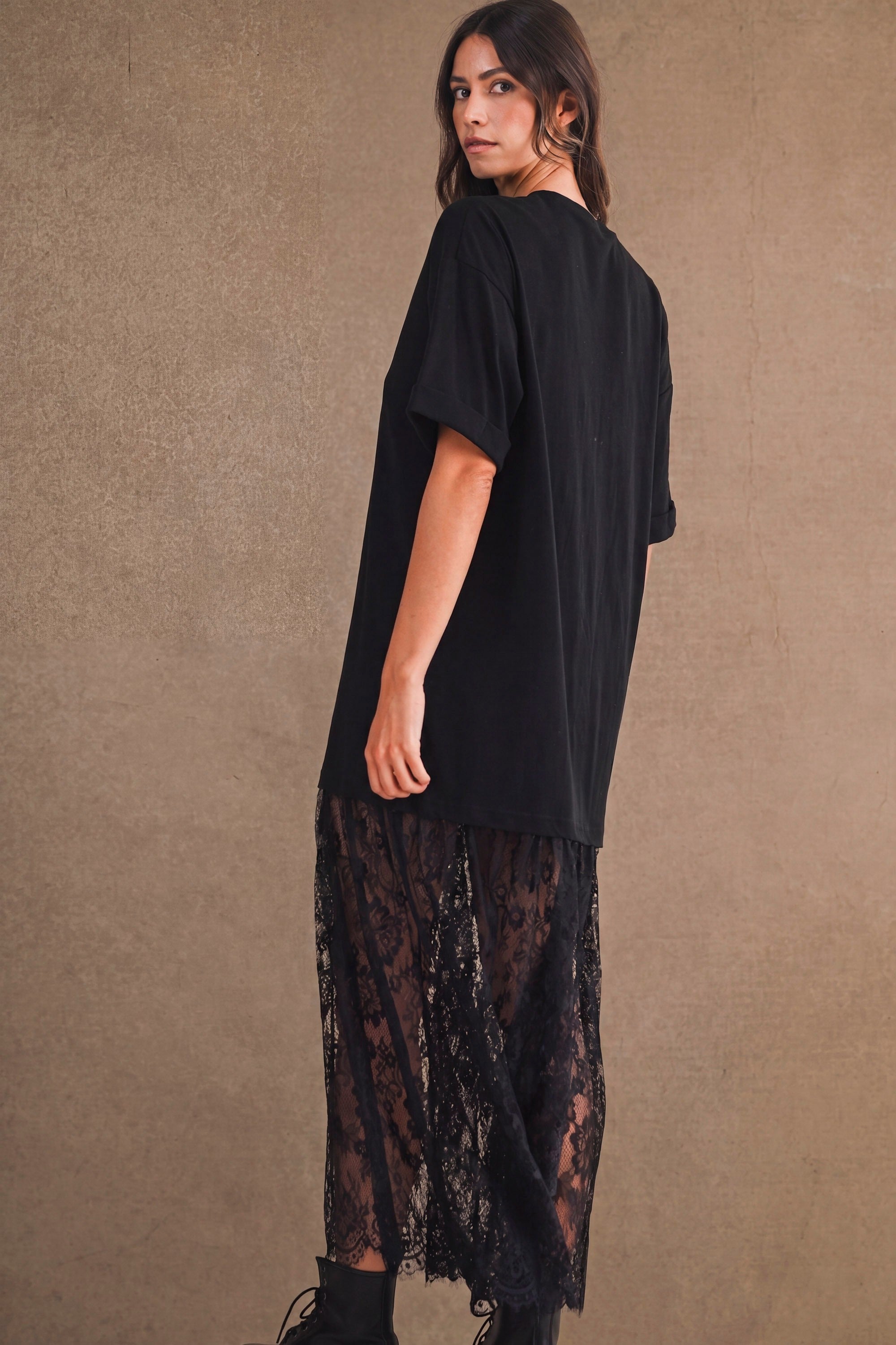 Oversized T Shirt Sheer Lace Skirt Mix Maxi Dress