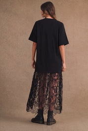 Oversized T Shirt Sheer Lace Skirt Mix Maxi Dress