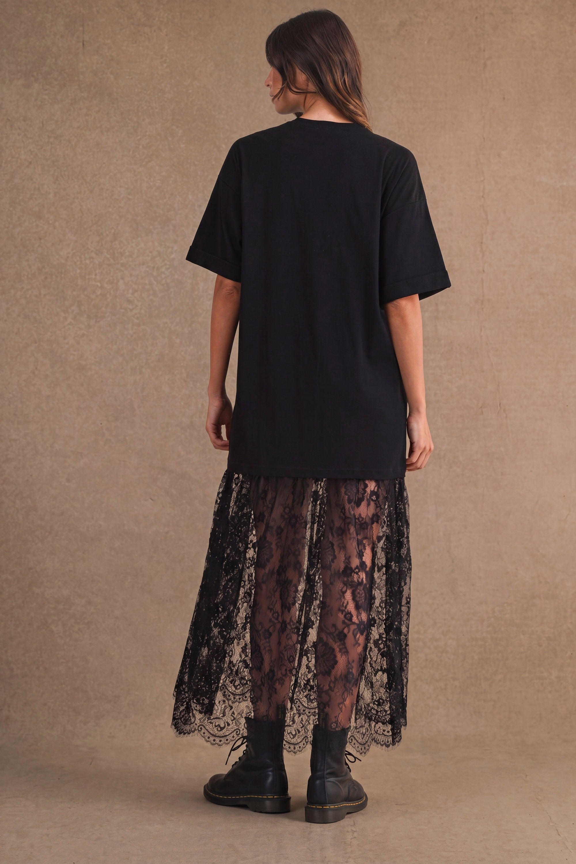 Oversized T Shirt Sheer Lace Skirt Mix Maxi Dress