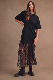 Oversized T Shirt Sheer Lace Skirt Mix Maxi Dress