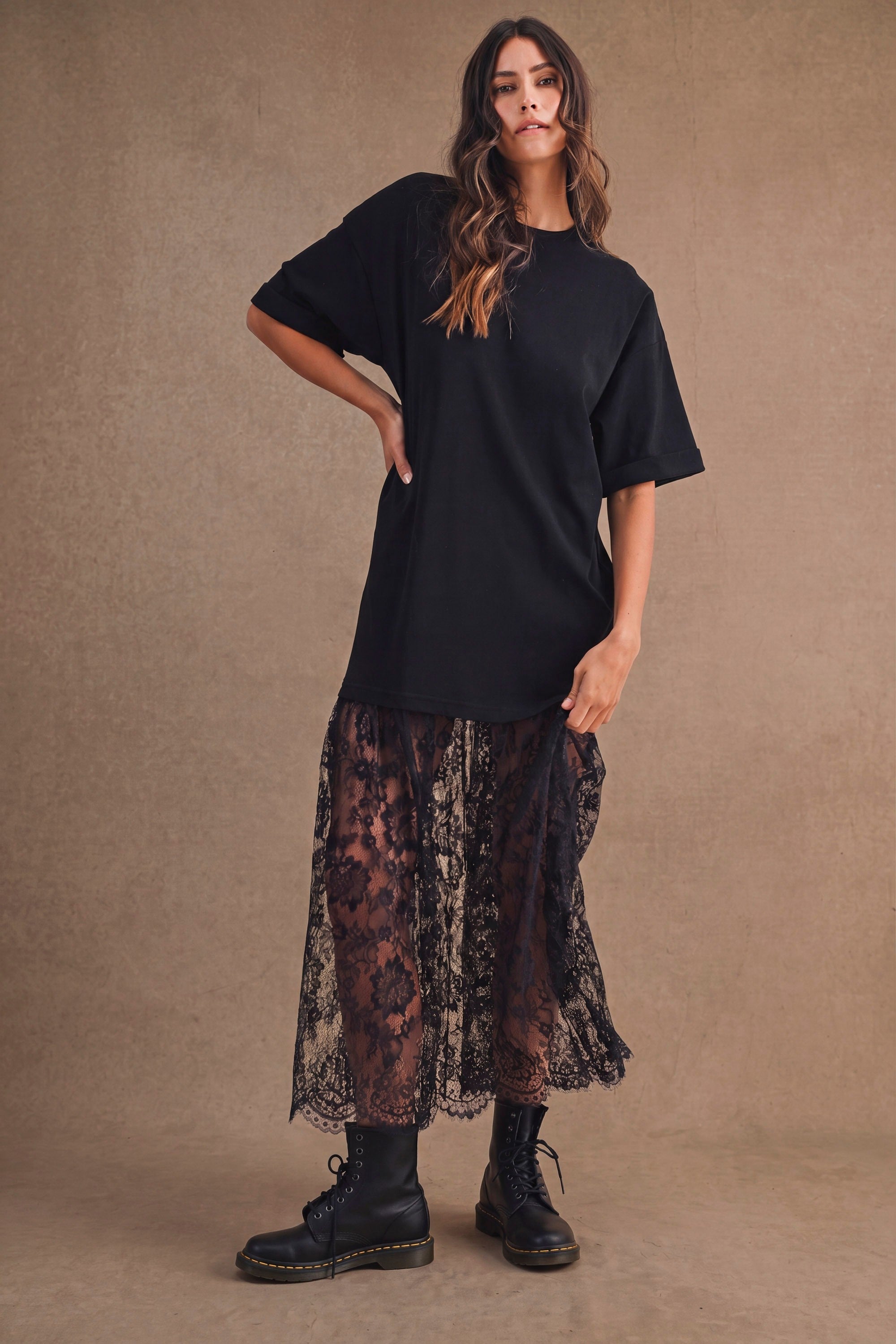 Oversized T Shirt Sheer Lace Skirt Mix Maxi Dress