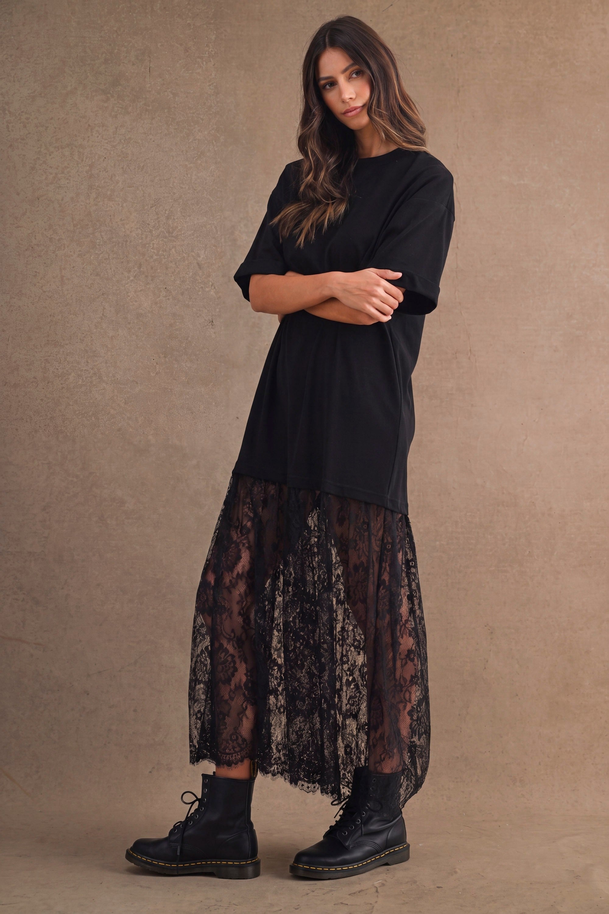 Oversized T Shirt Sheer Lace Skirt Mix Maxi Dress