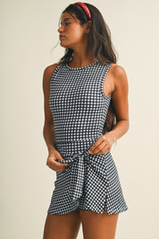 Gingham Print Sleeveless Wrap Tie Front Dress