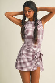 Mauve Pink Gingham Print Sleeveless Wrap Tie Front Dress