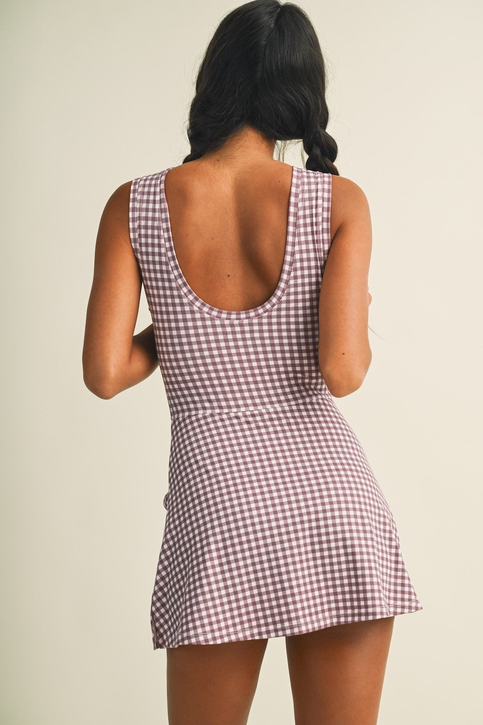 Mauve Pink Gingham Print Sleeveless Wrap Tie Front Dress