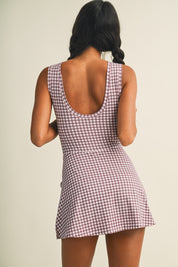Mauve Pink Gingham Print Sleeveless Wrap Tie Front Dress