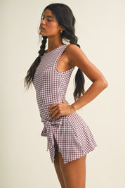 Mauve Pink Gingham Print Sleeveless Wrap Tie Front Dress
