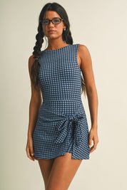 Dusty Blue Navy Gingham Print Sleeveless Wrap Tie Front Dress