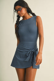 Dusty Blue Navy Gingham Print Sleeveless Wrap Tie Front Dress