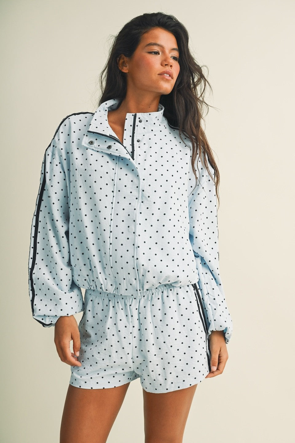 Polka Dot Side Stripe Funnel Neck Jacket