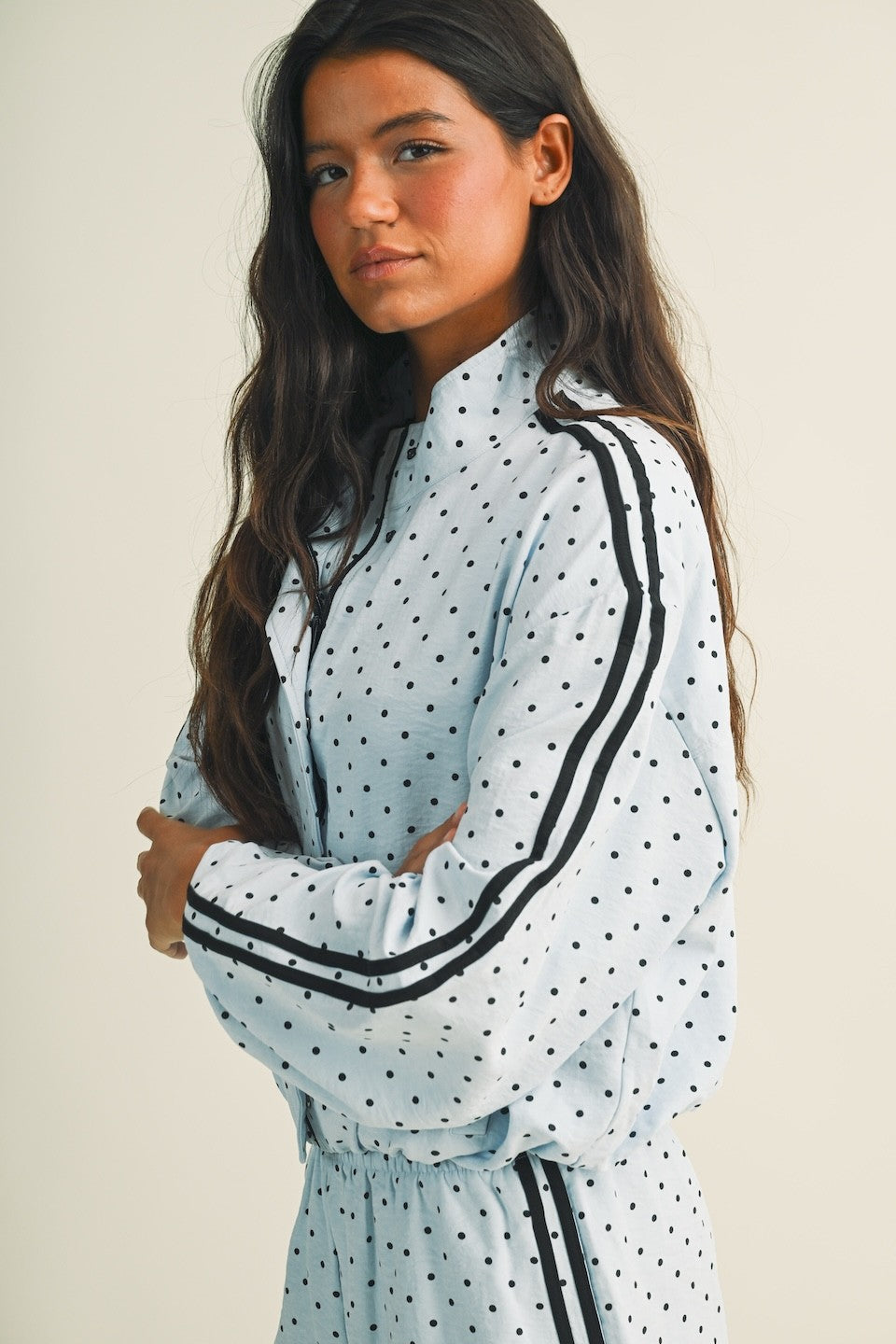 Polka Dot Side Stripe Funnel Neck Jacket