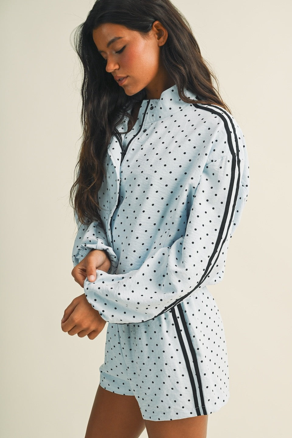 Polka Dot Side Stripe Funnel Neck Jacket
