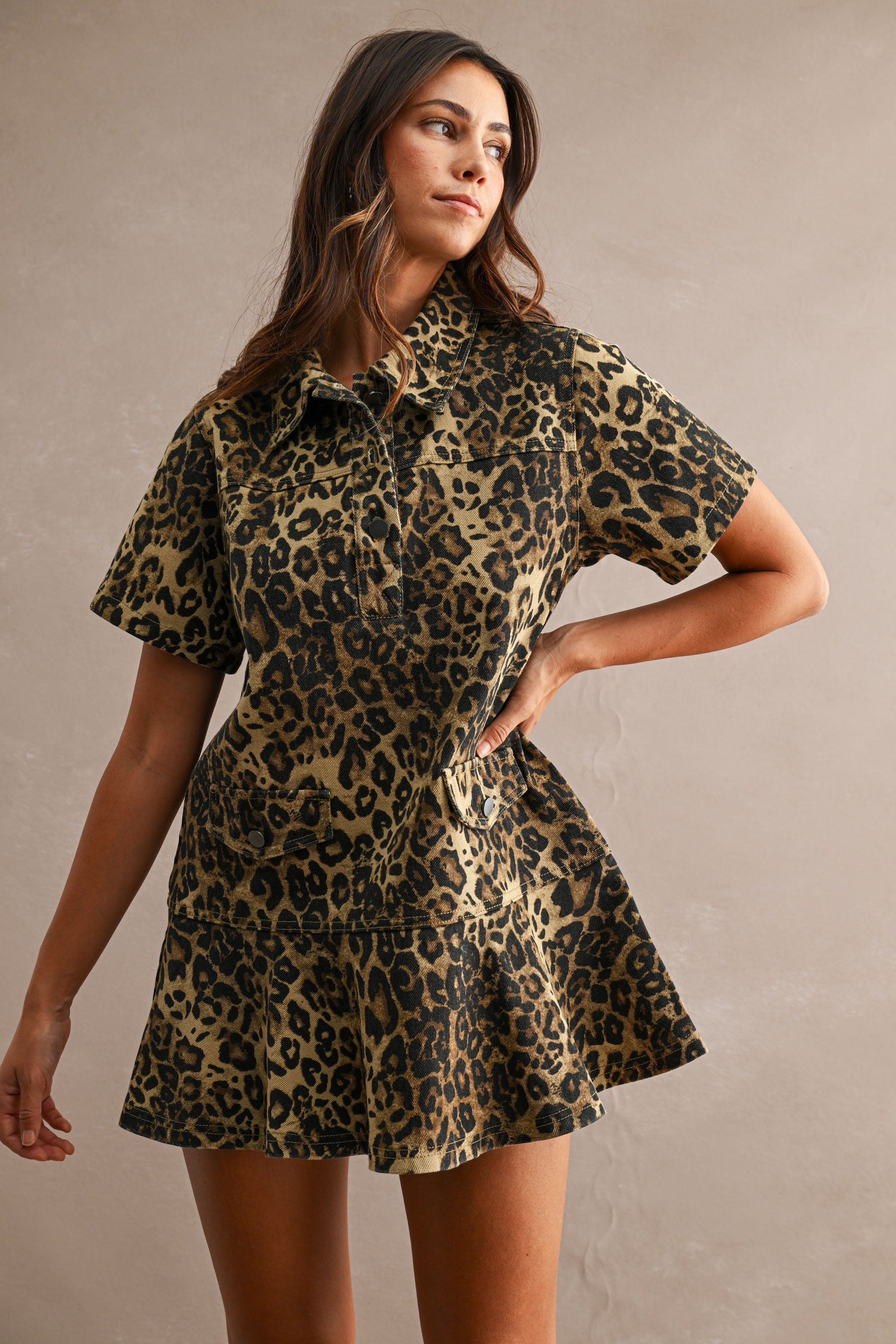 Leopard Print Denim Short Sleeve Collared Mini Dress