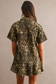 Leopard Print Denim Short Sleeve Collared Mini Dress