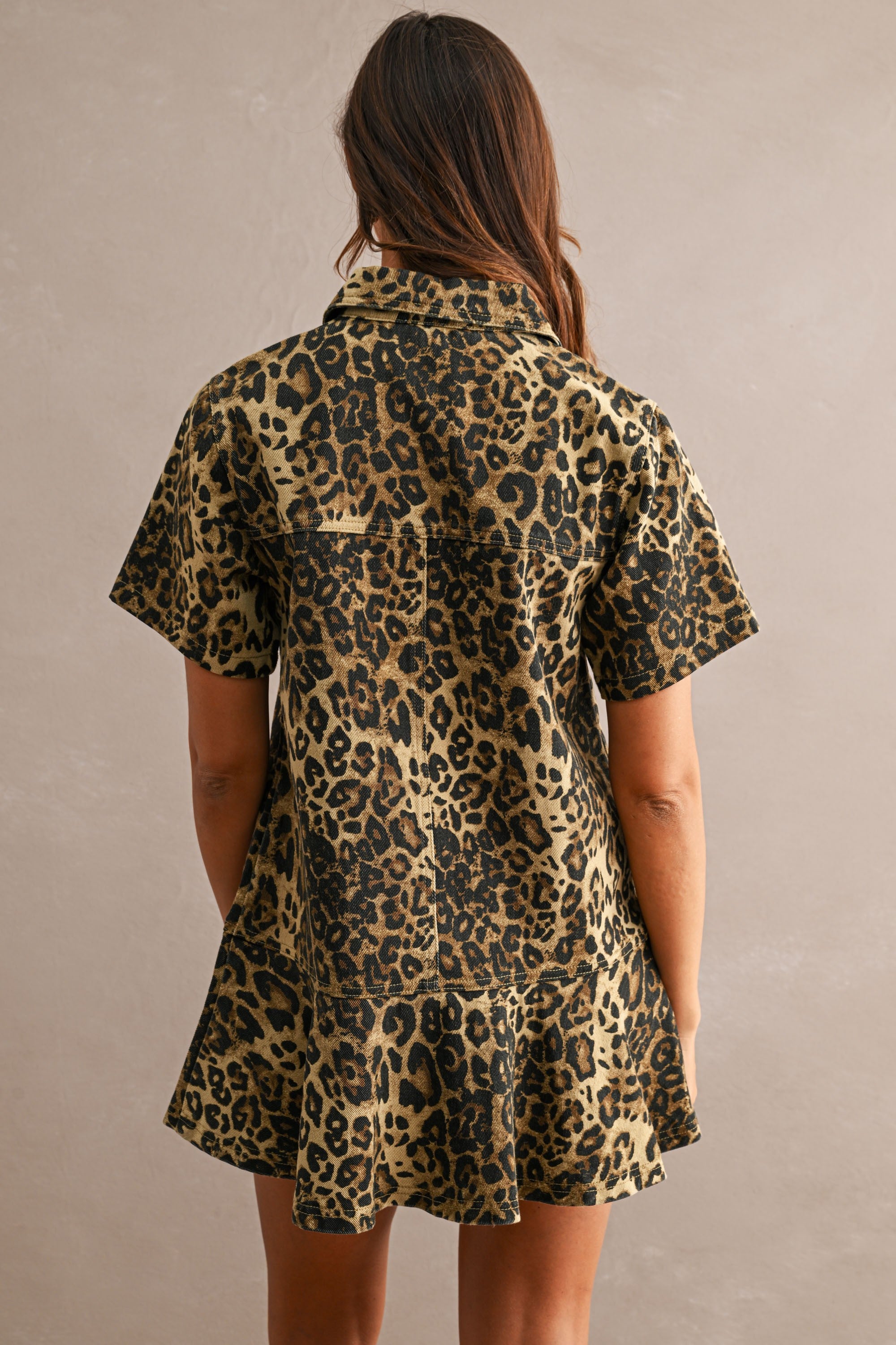 Leopard Print Denim Short Sleeve Collared Mini Dress