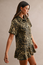 Leopard Print Denim Short Sleeve Collared Mini Dress