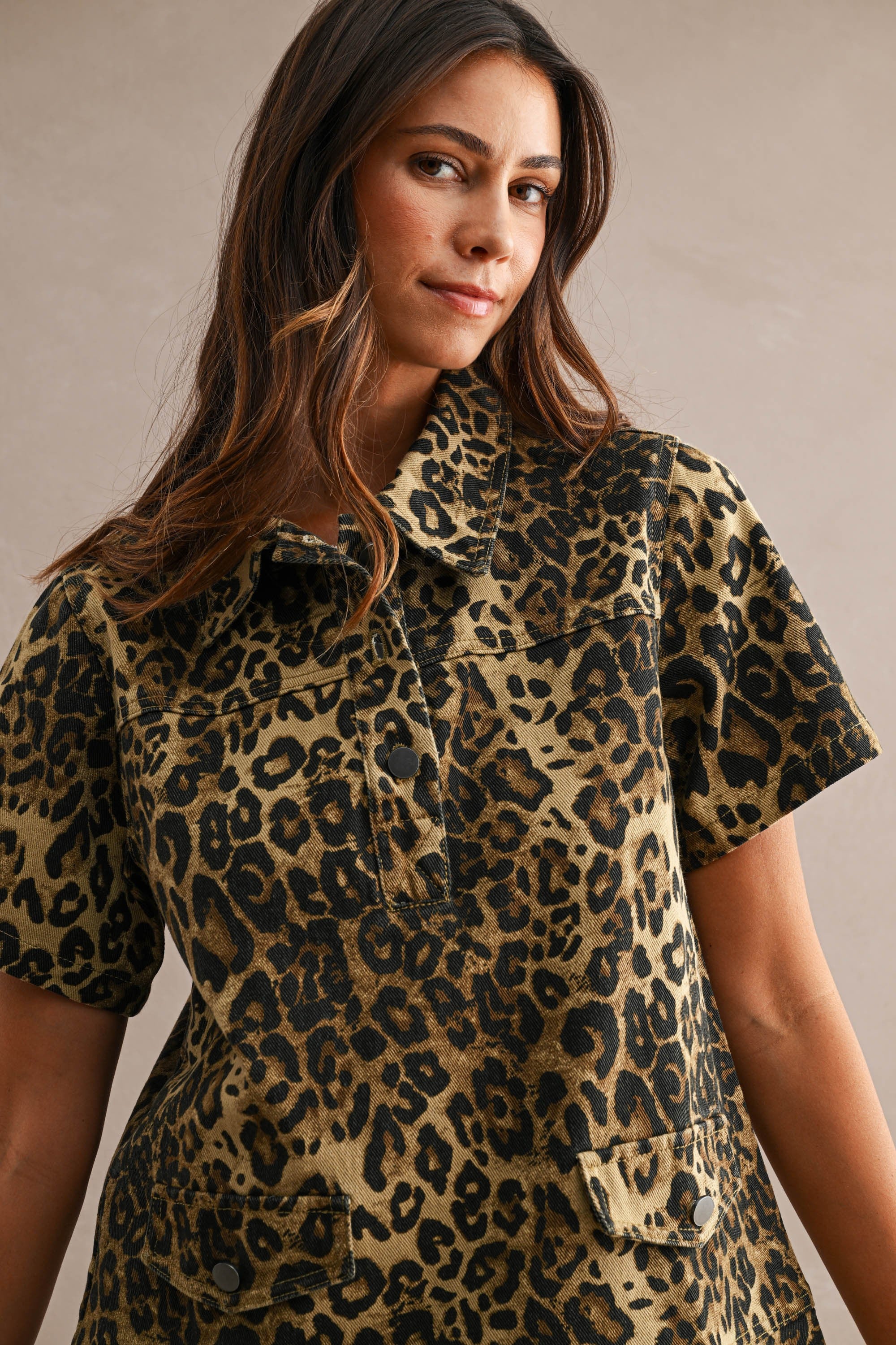 Leopard Print Denim Short Sleeve Collared Mini Dress
