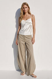 Taupe Ladies Woven Linen Side Slit Balloon Pants