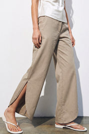 Taupe Ladies Woven Linen Side Slit Balloon Pants