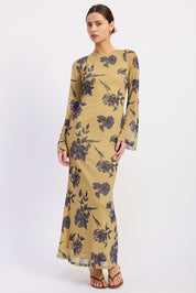 Long Sleeve Floral Print Maxi Mesh Dress With Open Back
