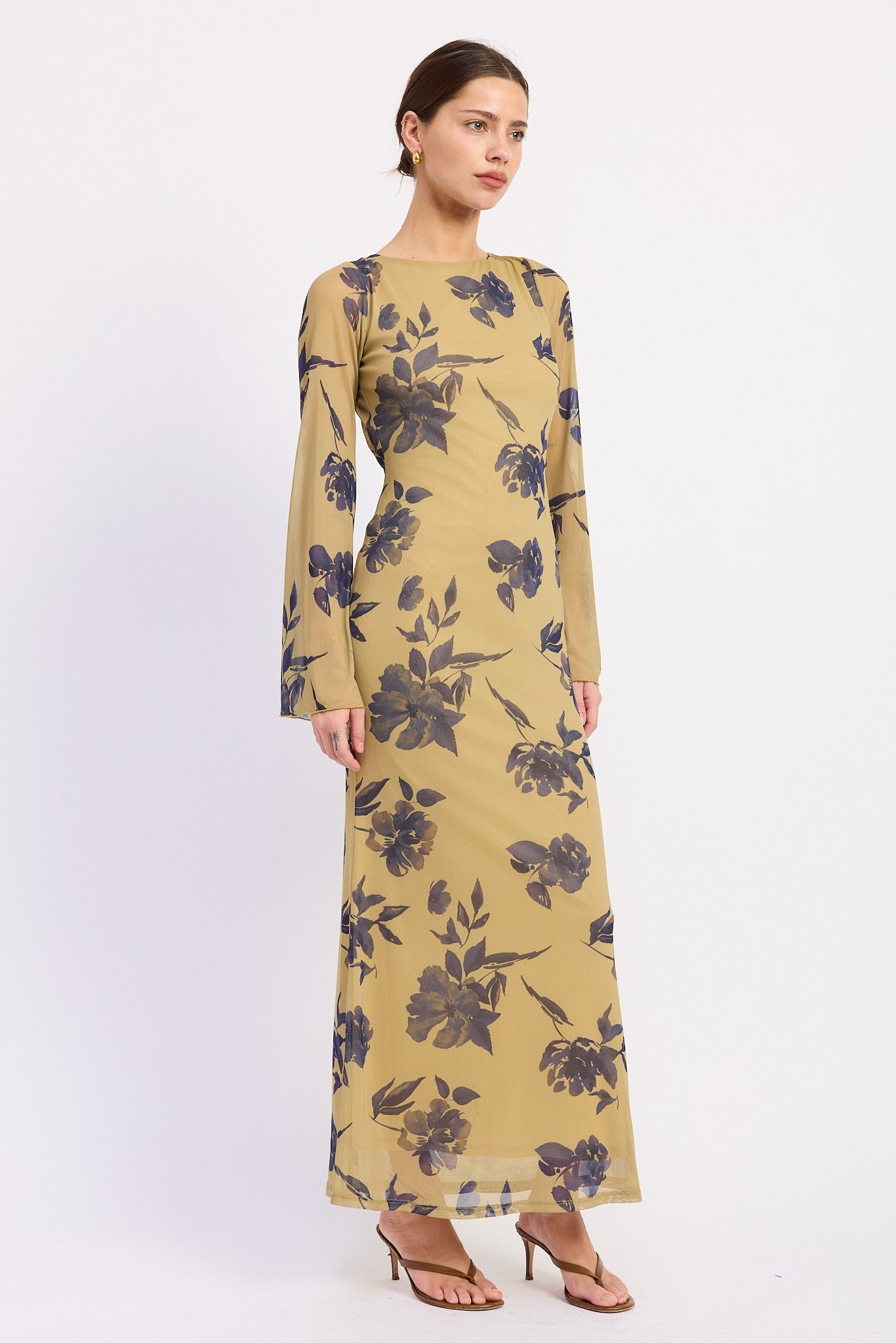 Long Sleeve Floral Print Maxi Mesh Dress With Open Back