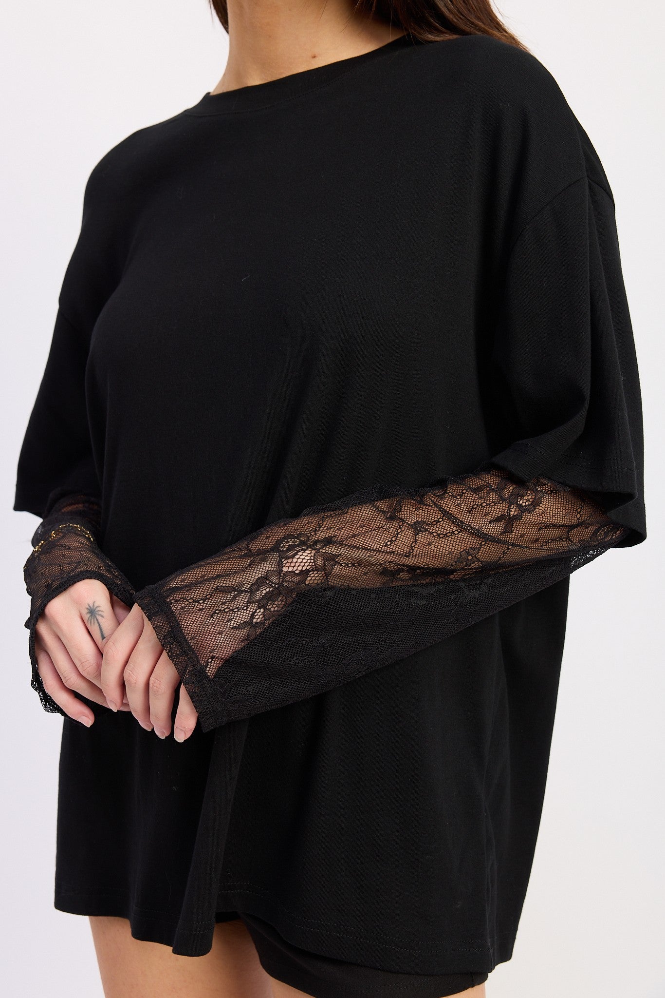 Boxy Tee With Lace Sleeves