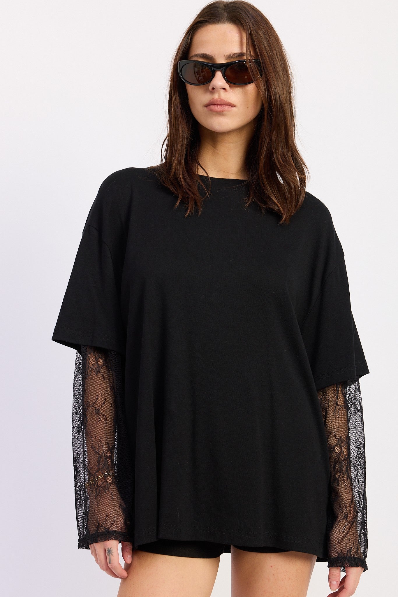 Boxy Tee With Lace Sleeves
