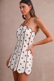 Brown Strapless Polka Dot Halter Neck Back Tie Scalloped Mini Dress